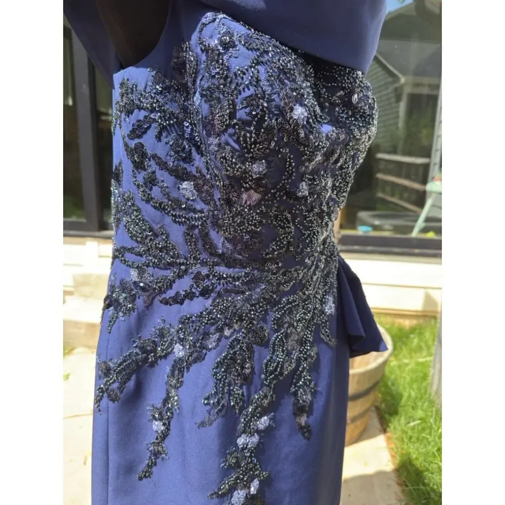 Feriani Couture Navy Off Shoulder Gown Size 16 Sequin Evening Dress